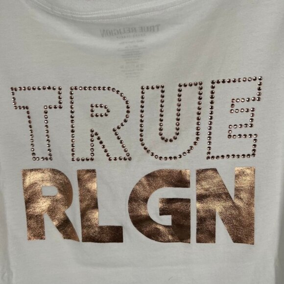 NWT TRUE RELIGION CRYSTAL TRUE RLGN Print VneckcTEE Rhinestone Style 207155 Sz L - Picture 8 of 9